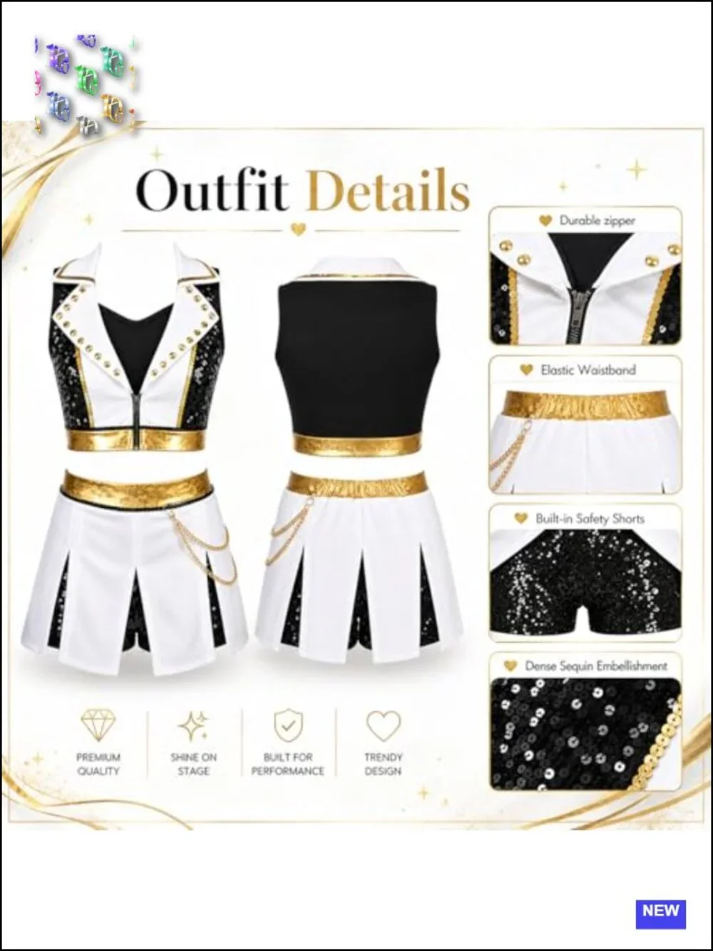 Girls Cheerleader Costume Sequin Crop Top Skirt with Pom Poms Headband Socks